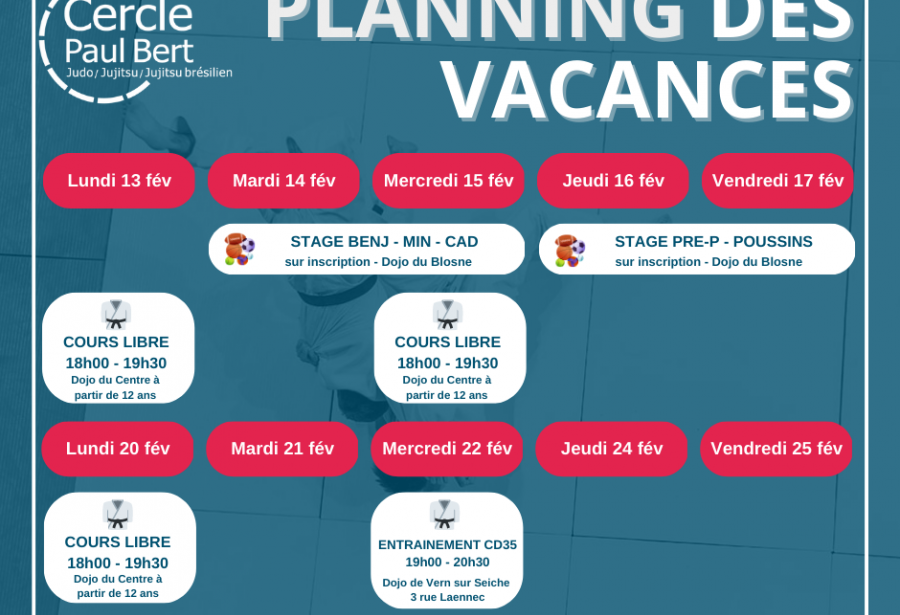 Planning des cours vacances février 2023