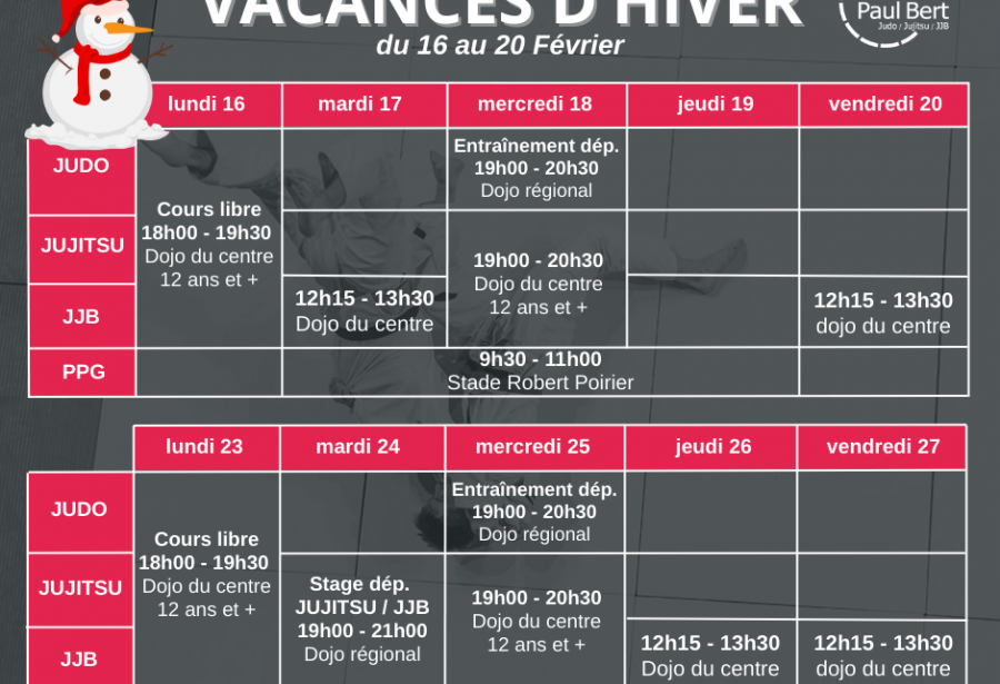 Planning des vacances d'Hiver
